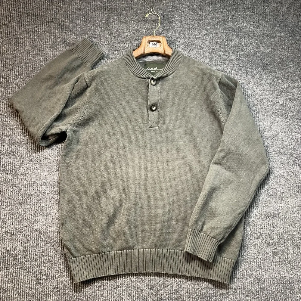Eddie Bauer Sweater Mens XLT Green Long Sleeve Henley Collar Buttons Knit Cotton